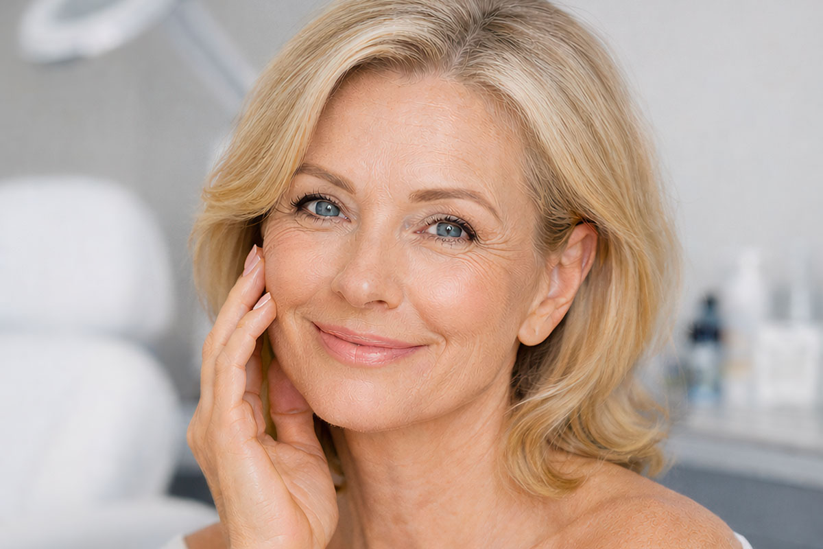 Ältere Frau lächelt und streichelt ihre Wange